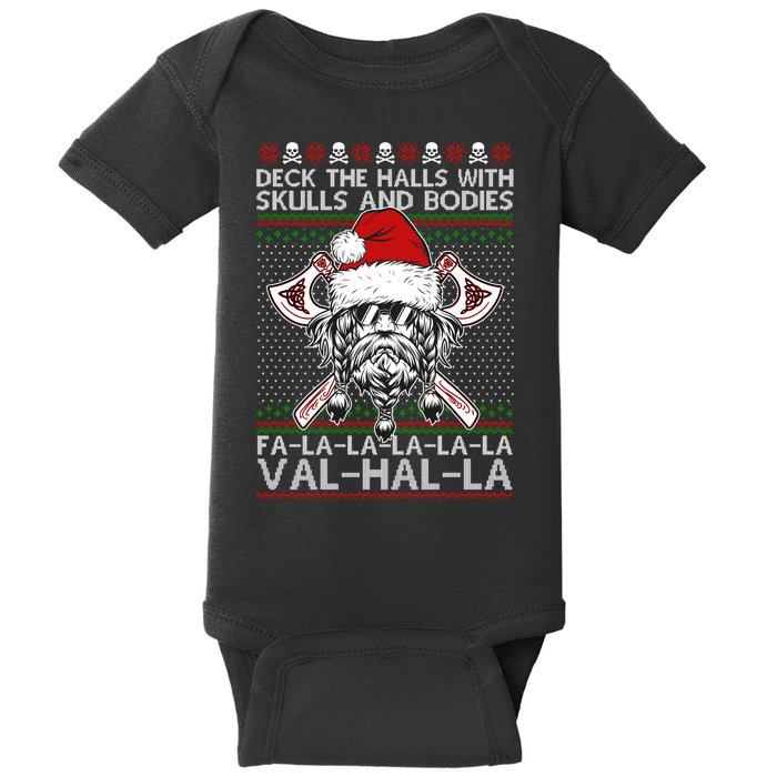 Deck The Halls Skulls Bodies Vikings Santa Ugly Christmas Sweater Baby Bodysuit