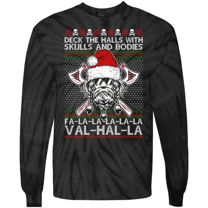 Deck The Halls Skulls Bodies Vikings Santa Ugly Christmas Sweater Tie-Dye Long Sleeve Shirt