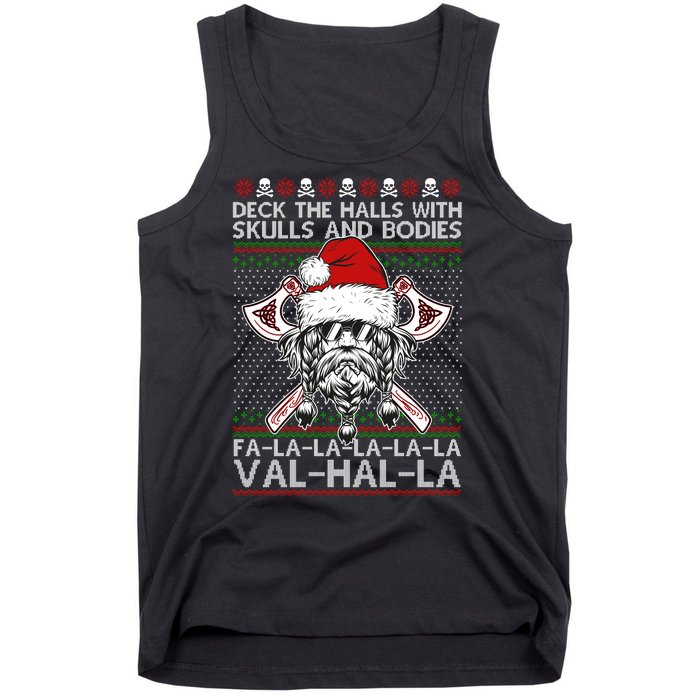 Deck The Halls Skulls Bodies Vikings Santa Ugly Christmas Sweater Tank Top