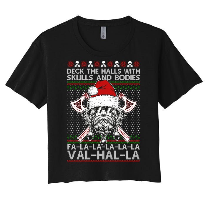 Deck The Halls Skulls Bodies Vikings Santa Ugly Christmas Sweater Women's Crop Top Tee