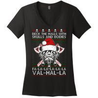 Deck The Halls Skulls Bodies Vikings Santa Ugly Christmas Sweater Women's V-Neck T-Shirt