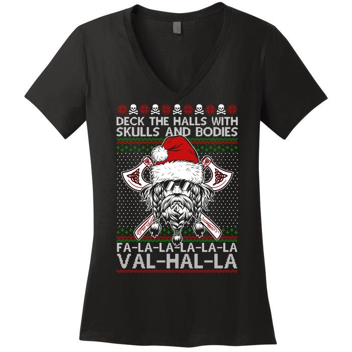 Deck The Halls Skulls Bodies Vikings Santa Ugly Christmas Sweater Women's V-Neck T-Shirt