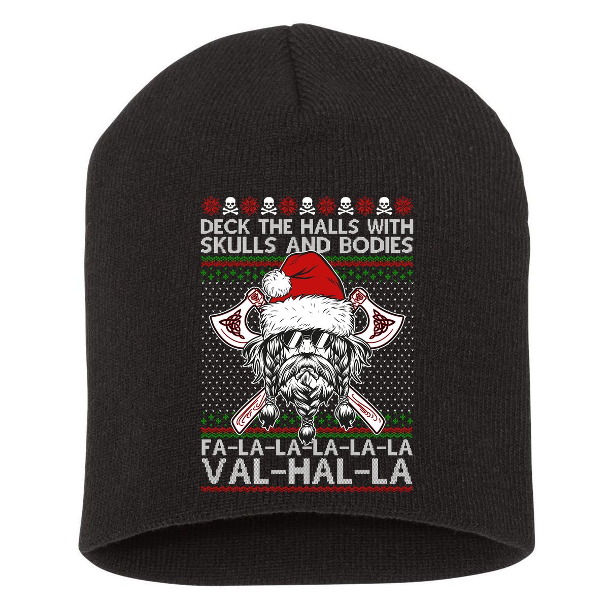 Deck The Halls Skulls Bodies Vikings Santa Ugly Christmas Sweater Short Acrylic Beanie