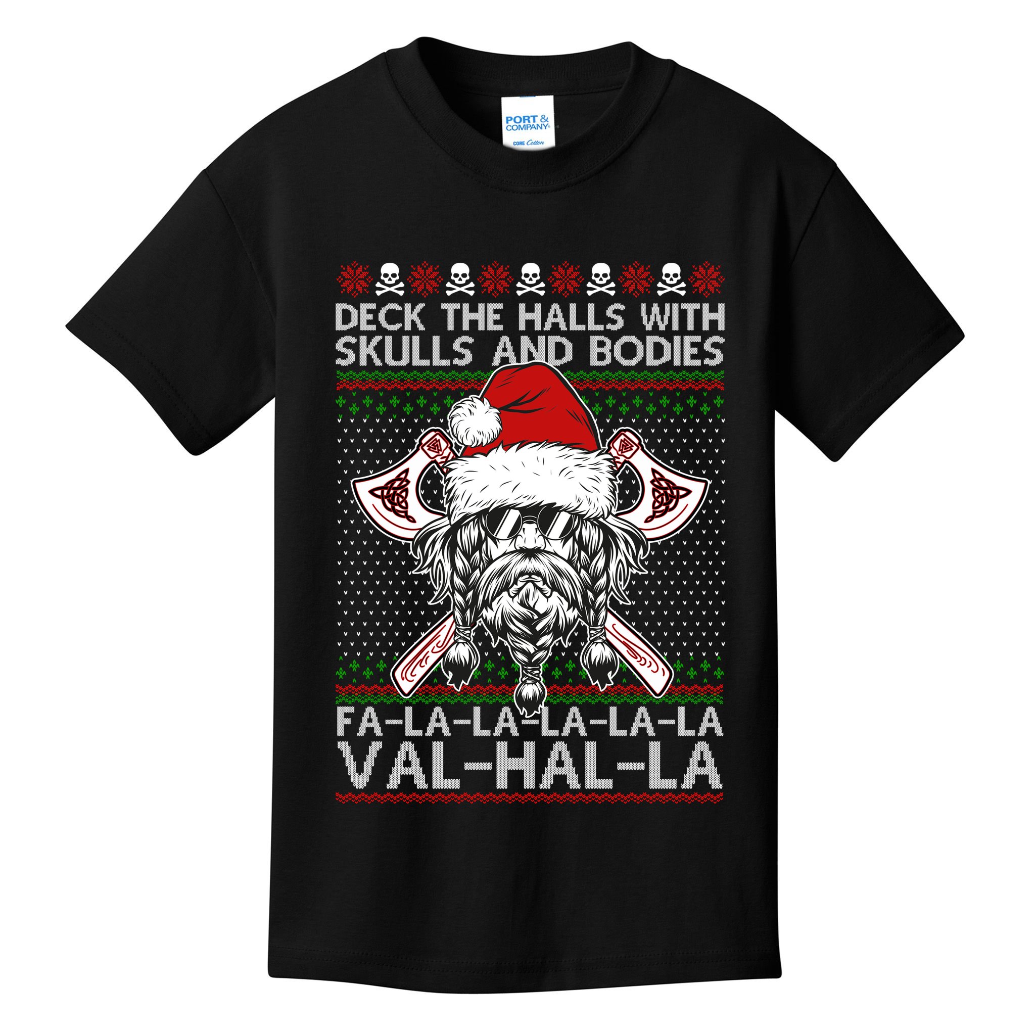 Deck The Halls Skulls Bodies Vikings Santa Ugly Christmas Sweater Kids T-Shirt