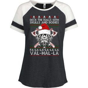 Deck The Halls Skulls Bodies Vikings Santa Ugly Christmas Sweater Enza Ladies Jersey Colorblock Tee