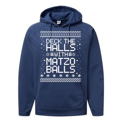 Deck The Halls With Matzo Balls Funny Hanukkah Ugly Performance Fleece Hoodie