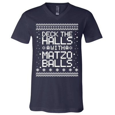 Deck The Halls With Matzo Balls Funny Hanukkah Ugly V-Neck T-Shirt