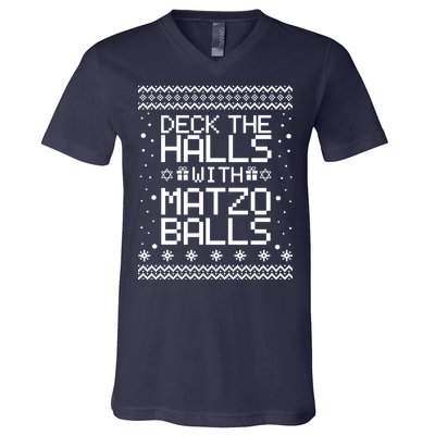 Deck The Halls With Matzo Balls Funny Hanukkah Ugly V-Neck T-Shirt