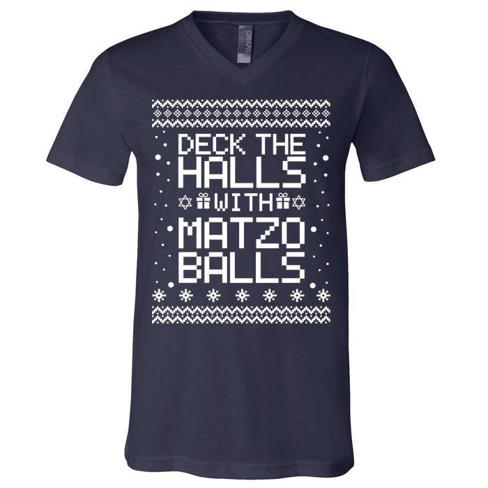 Deck The Halls With Matzo Balls Funny Hanukkah Ugly V-Neck T-Shirt