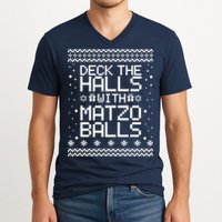 Deck The Halls With Matzo Balls Funny Hanukkah Ugly V-Neck T-Shirt