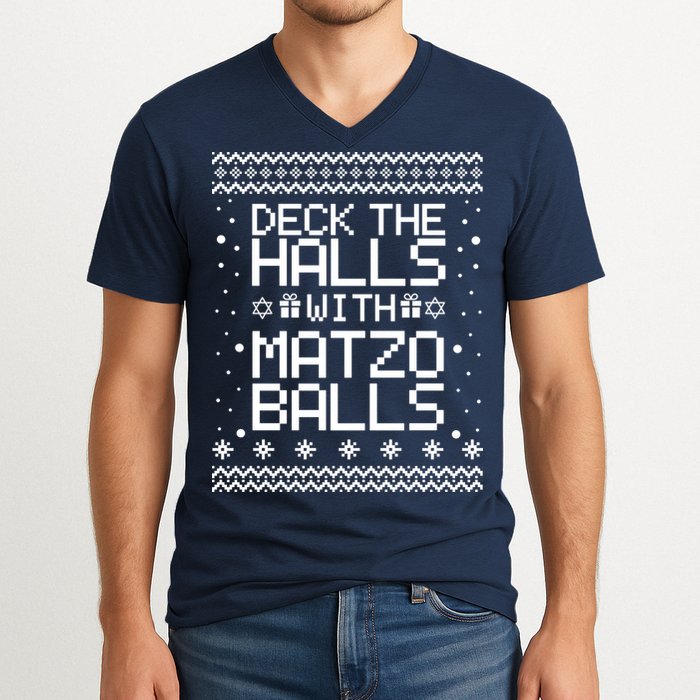 Deck The Halls With Matzo Balls Funny Hanukkah Ugly V-Neck T-Shirt