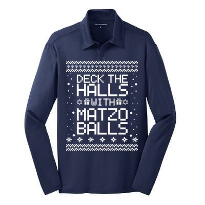 Deck The Halls With Matzo Balls Funny Hanukkah Ugly Silk Touch Performance Long Sleeve Polo