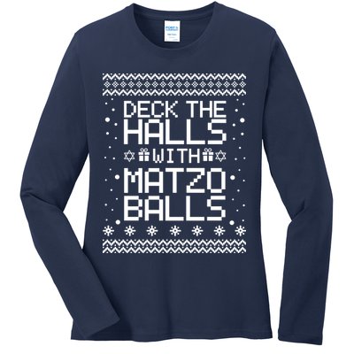 Deck The Halls With Matzo Balls Funny Hanukkah Ugly Ladies Long Sleeve Shirt