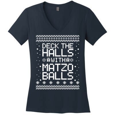 Deck The Halls With Matzo Balls Funny Hanukkah Ugly Women's V-Neck T-Shirt