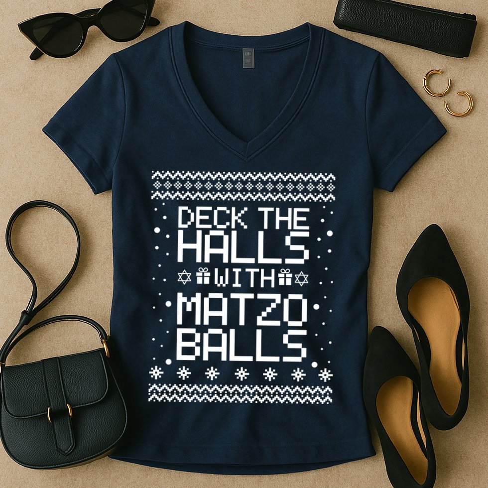 Deck The Halls With Matzo Balls Funny Hanukkah Ugly Women's V-Neck T-Shirt