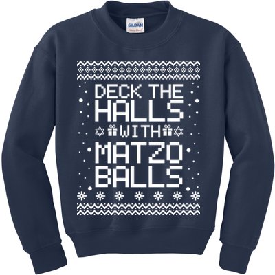 Deck The Halls With Matzo Balls Funny Hanukkah Ugly Kids Sweatshirt