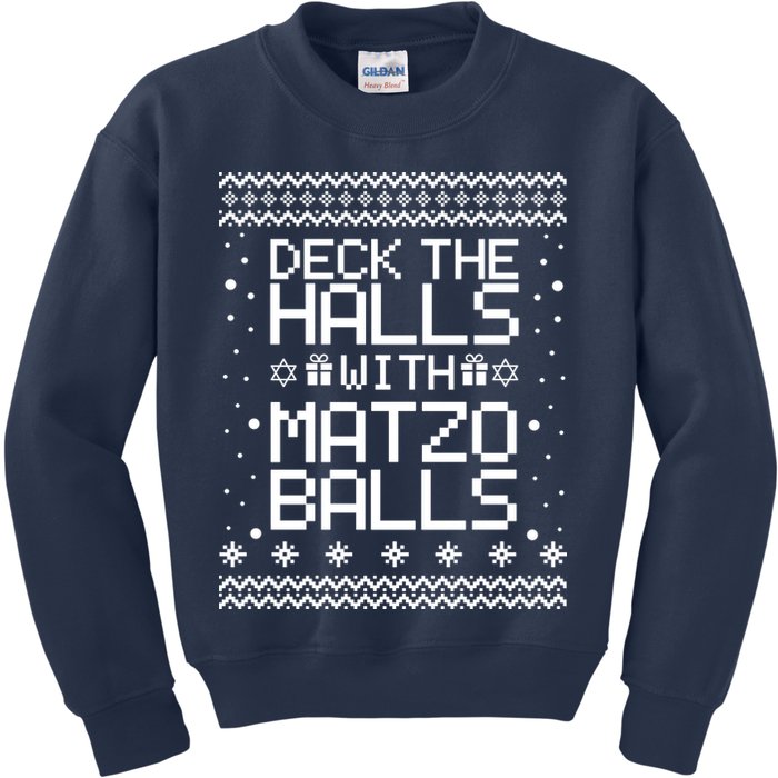 Deck The Halls With Matzo Balls Funny Hanukkah Ugly Kids Sweatshirt