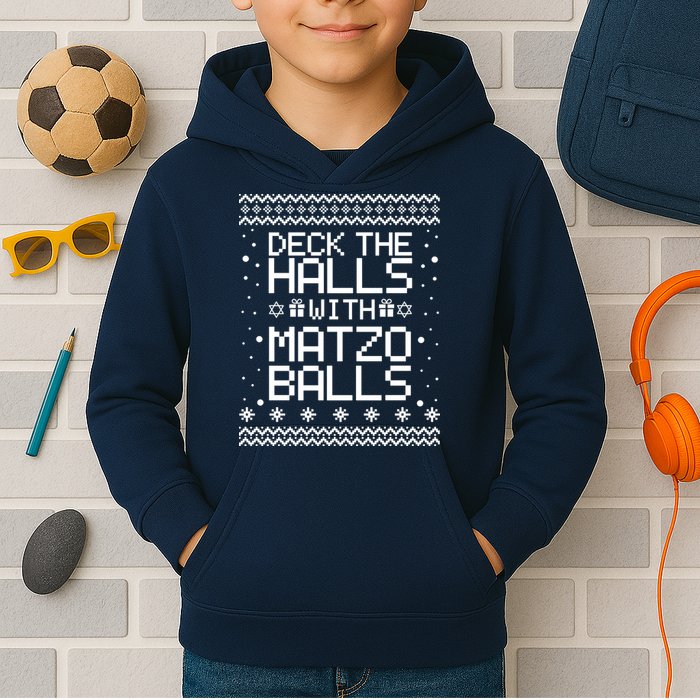 Deck The Halls With Matzo Balls Funny Hanukkah Ugly Kids Hoodie