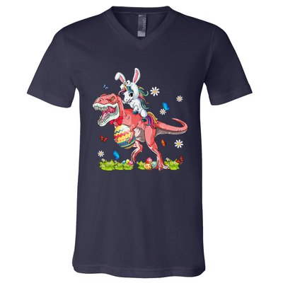 Dinosaur Easter Day Unicorn Riding Trex Bunny Costume Gift V-Neck T-Shirt