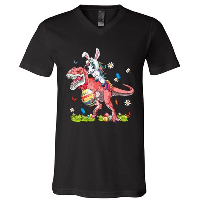 Dinosaur Easter Day Unicorn Riding Trex Funny Unicorn V-Neck T-Shirt