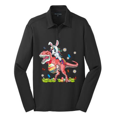 Dinosaur Easter Day Unicorn Riding Trex Funny Unicorn Silk Touch Performance Long Sleeve Polo