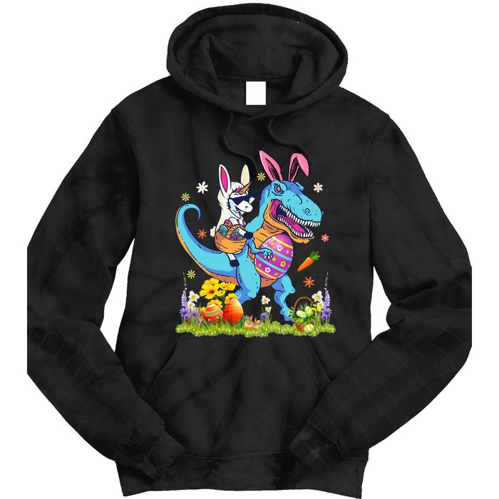 Dinosaur Easter Day Unicorn Riding Trex Bunny Costume Tie Dye Hoodie