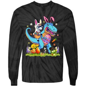 Dinosaur Easter Day Unicorn Riding Trex Bunny Costume Tie-Dye Long Sleeve Shirt