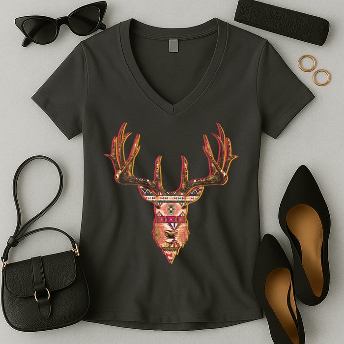 Deer Antlers Wilderness Pattern Women's V-Neck T-Shirt