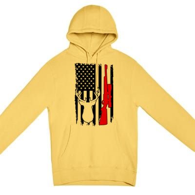 Deer Hunting Distressed USA American Flag Premium Pullover Hoodie