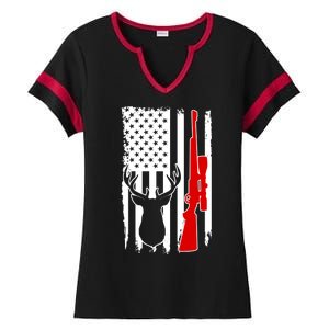 Deer Hunting Distressed USA American Flag Ladies Halftime Notch Neck Tee