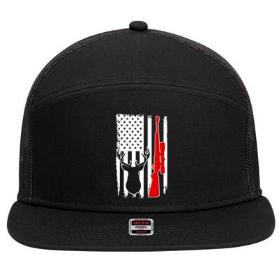 Deer Hunting Distressed USA American Flag 7 Panel Mesh Trucker Snapback Hat