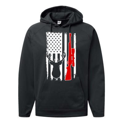 Deer Hunting Distressed USA American Flag Performance Fleece Hoodie