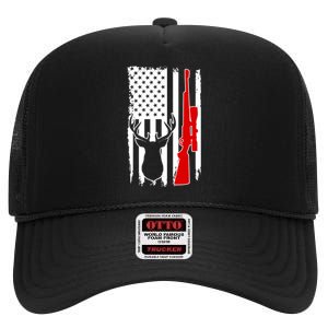 Deer Hunting Distressed USA American Flag High Crown Mesh Back Trucker Hat