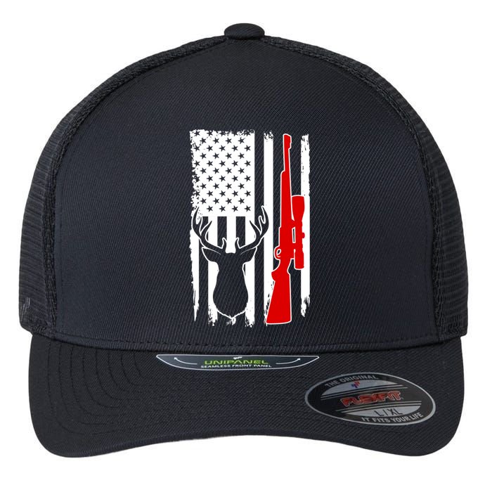 Deer Hunting Distressed USA American Flag Flexfit Unipanel Trucker Cap