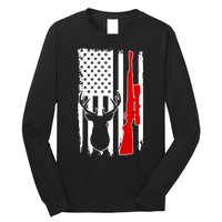 Deer Hunting Distressed USA American Flag Long Sleeve Shirt