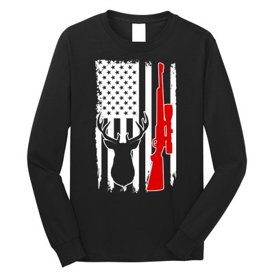 Deer Hunting Distressed USA American Flag Long Sleeve Shirt