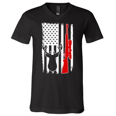 Deer Hunting Distressed USA American Flag V-Neck T-Shirt