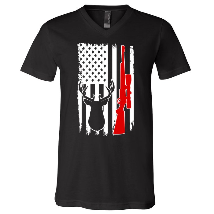 Deer Hunting Distressed USA American Flag V-Neck T-Shirt