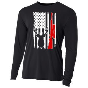 Deer Hunting Distressed USA American Flag Cooling Performance Long Sleeve Crew