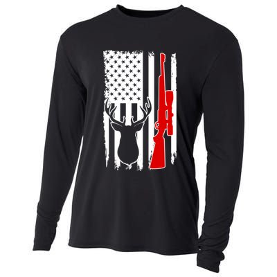 Deer Hunting Distressed USA American Flag Cooling Performance Long Sleeve Crew