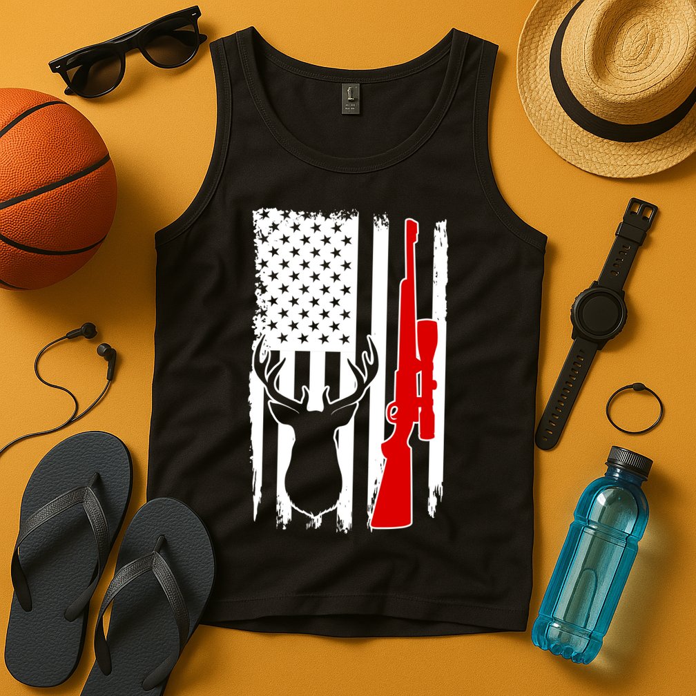 Deer Hunting Distressed USA American Flag Tank Top