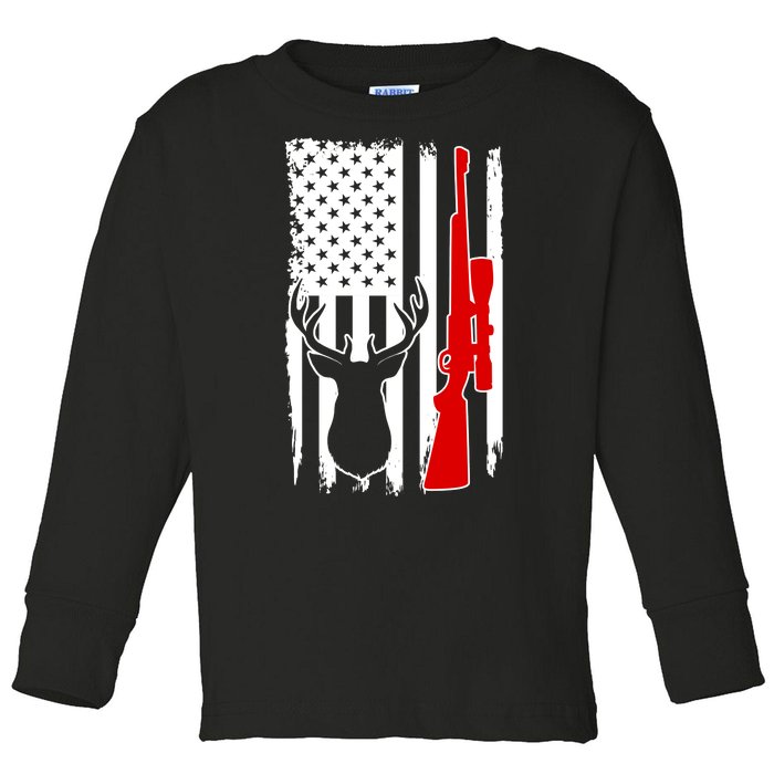 Deer Hunting Distressed USA American Flag Toddler Long Sleeve Shirt