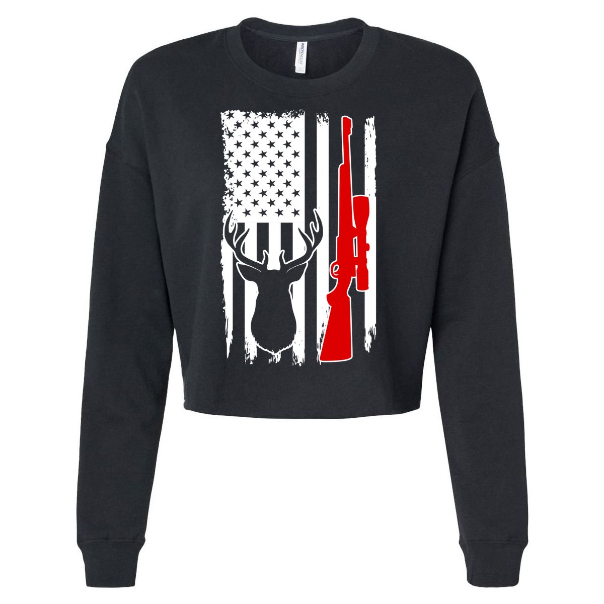 Deer Hunting Distressed USA American Flag Cropped Pullover Crew