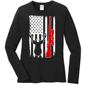 Deer Hunting Distressed USA American Flag Ladies Long Sleeve Shirt