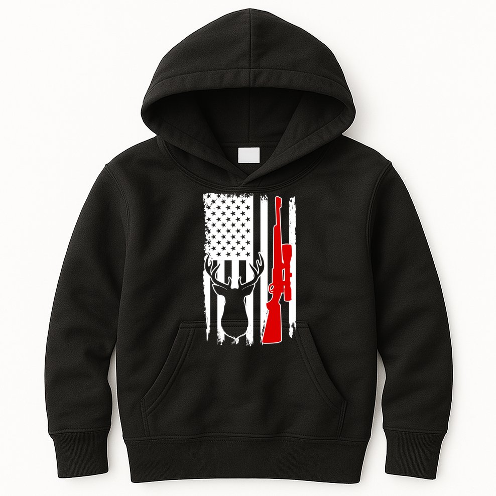 Deer Hunting Distressed USA American Flag Kids Hoodie