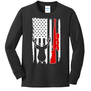 Deer Hunting Distressed USA American Flag Kids Long Sleeve Shirt