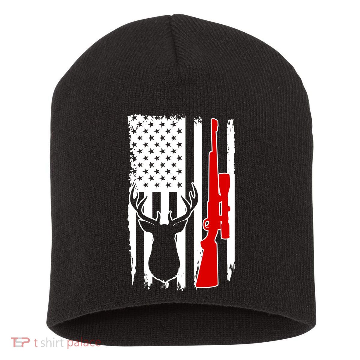 Deer Hunting Distressed USA American Flag Short Acrylic Beanie