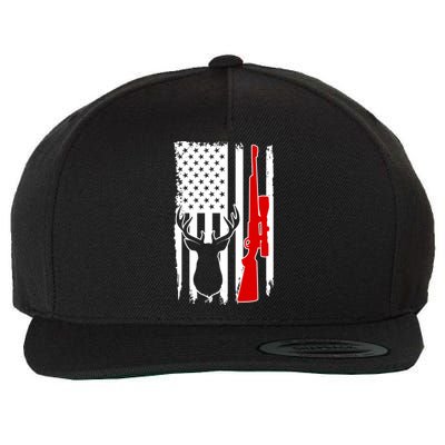 Deer Hunting Distressed USA American Flag Wool Snapback Cap