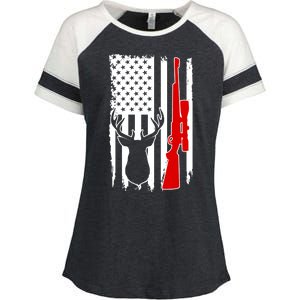 Deer Hunting Distressed USA American Flag Enza Ladies Jersey Colorblock Tee