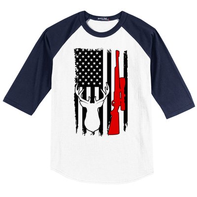 Deer Hunting Distressed USA American Flag Baseball Sleeve Shirt